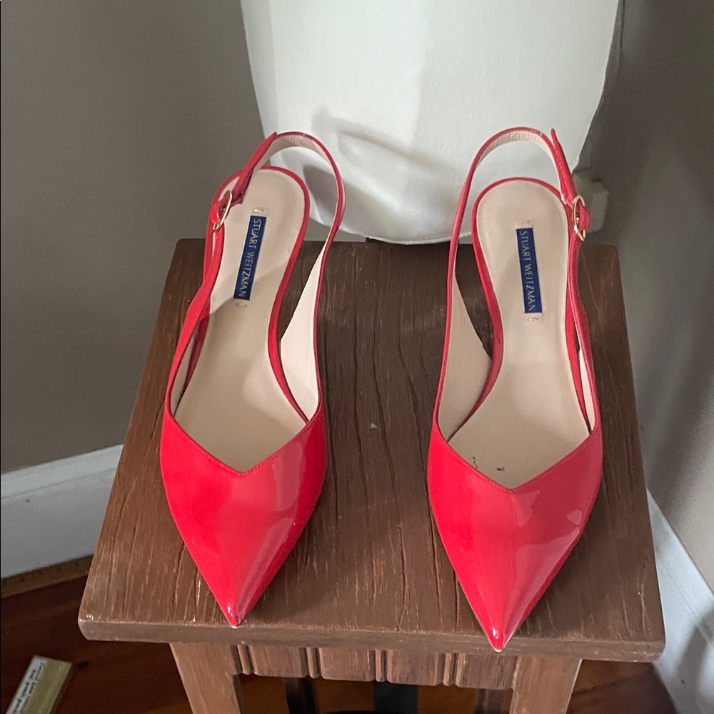 Stuart Weitzman Bright Red Patent Pointed Slingback kitten Heels